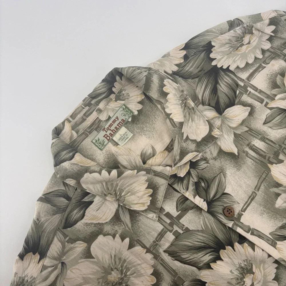 Tommy Bahama 100% Silk‎ Hawaiian Shirt Men's L Floral Bamboo Print Loop Collar